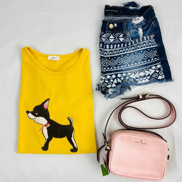 Tops - Mustard Yellow Cute Dog Top with Red Bead M L